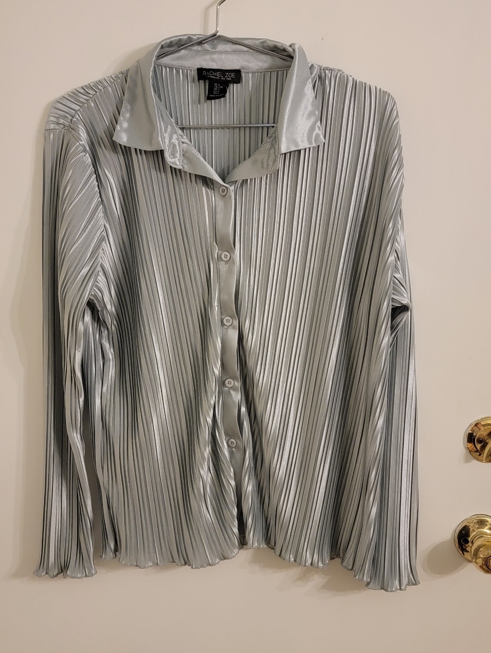 Rachel Zoe Metallic Green-Silver Pleated Pajamas, Button-Down Top